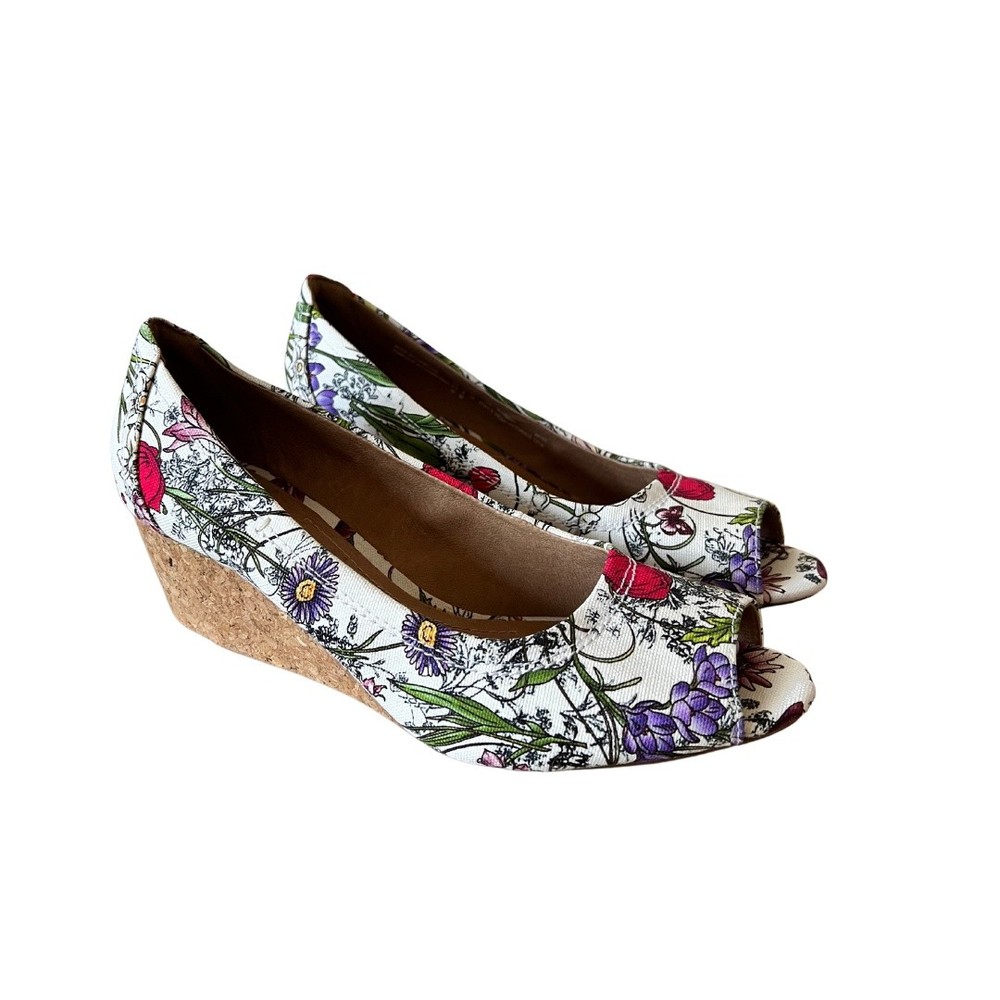 Clarks Artisan Womens Sz 9 Burmese WHT Canvas Floral Peep Toe Cork Wedge Heels